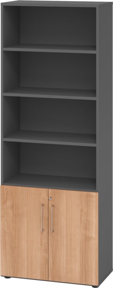 bümö Aktenregal & Schrank abschließbar, Büroschrank Regal Kombination Holz 80cm breit in Graphit/Nussbaum - abschließbarer Schrank für's Büro & Arbeitszimmer, Büro Möbel Ordnerschrank, 968T2-G-N-BS Bild 1