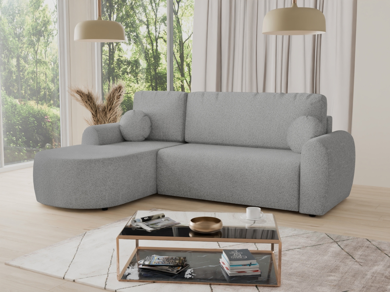 Ecksofa Jazz mit Schlaffunktion und Bettkasten - Bouclé-Stoff - L-Form Couch, Polstersofa, Schlafsofa, Sofagarnitur, Bettsofa (Grau (Coral 75), Ecksofa Links) Bild 1