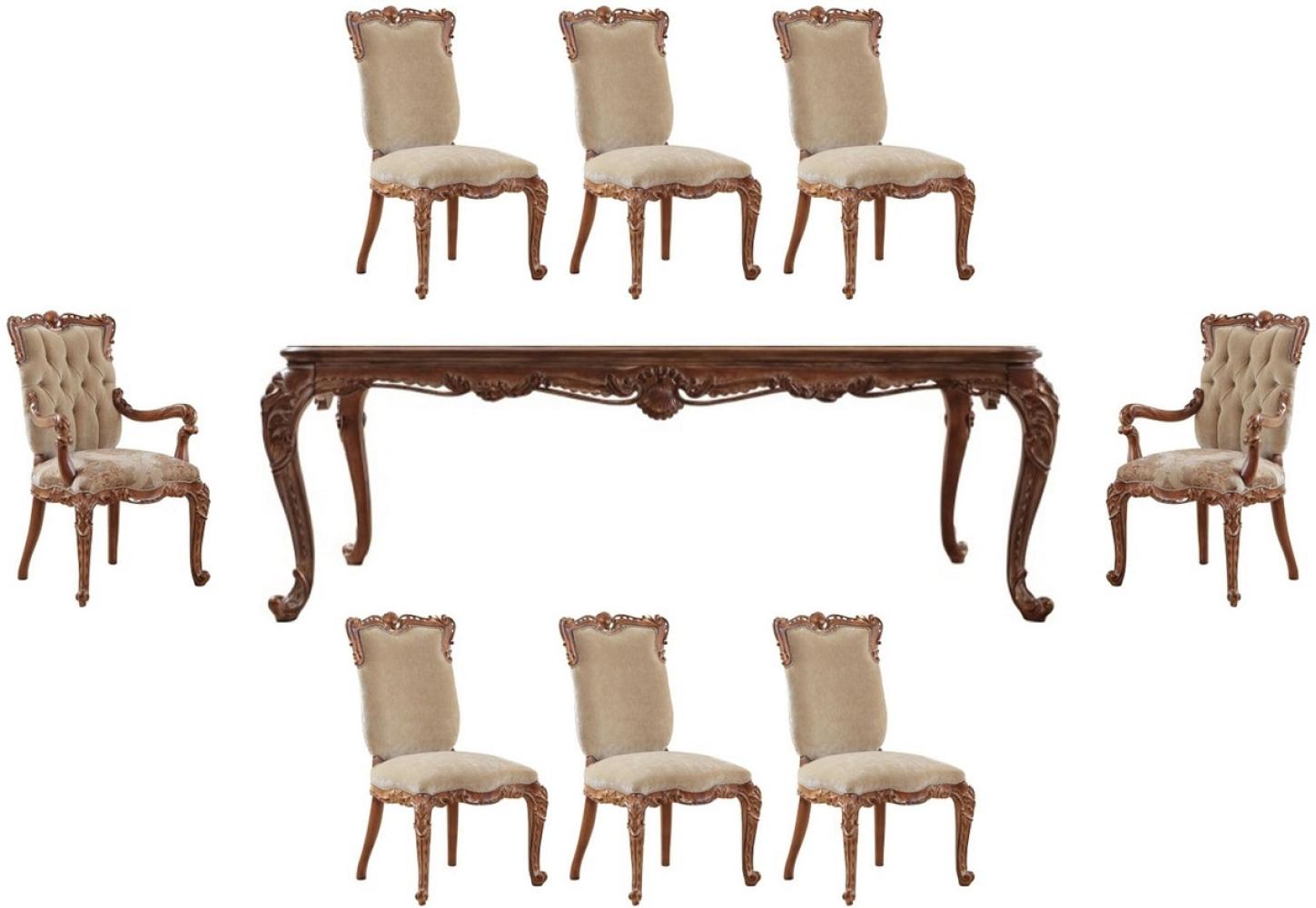 Casa Padrino Luxus Barock Esszimmer Set Beige / Braun - 1 Barock Esstisch & 8 Barock Esszimmerstühle - Esszimmer Möbel im Barockstil - Edel & Prunkvoll Bild 1