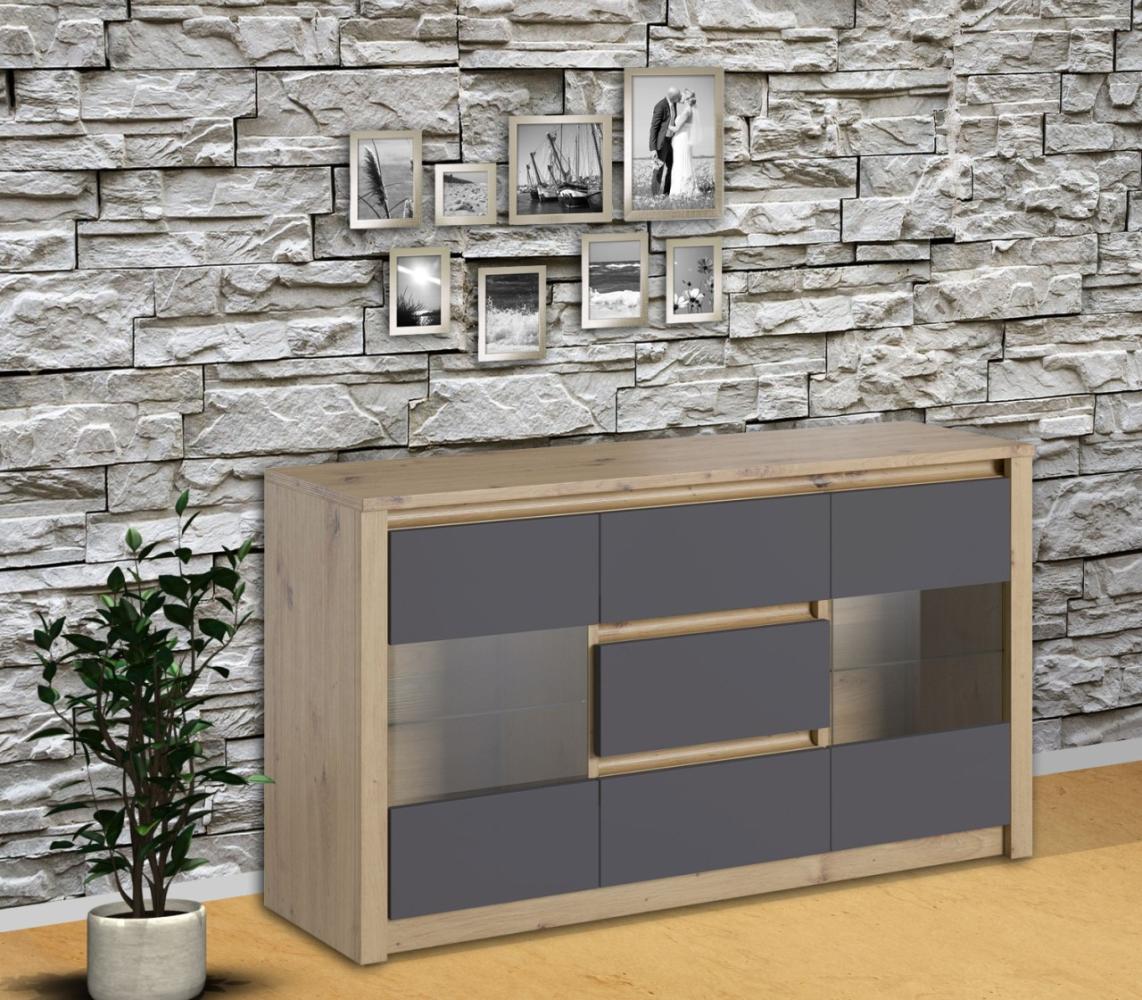 Kommode "Malta" Sideboard Anrichte 140cm grifflos mit Glastüren artisan eiche grau Bild 1