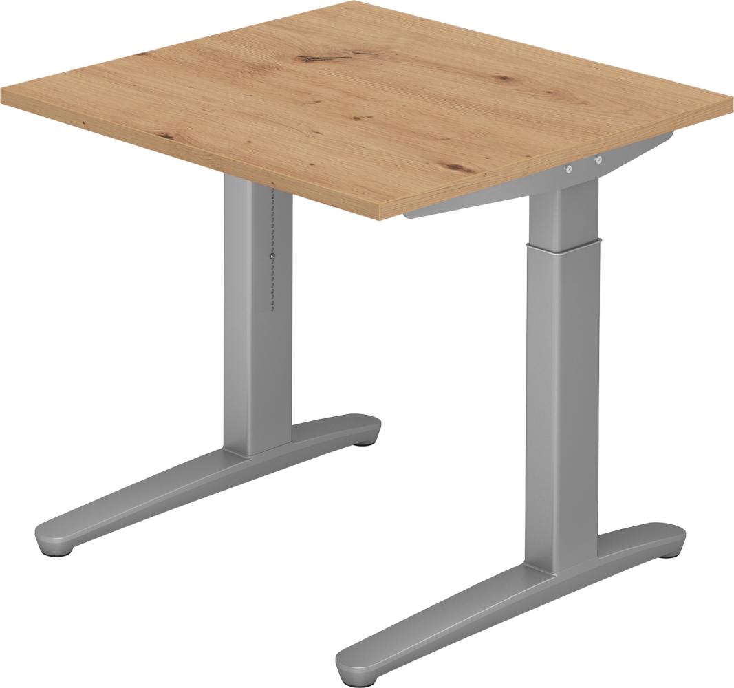 bümö manuell höhenverstellbarer Schreibtisch 80x80 in Asteiche, Gestell in silber - PC Tisch höhenverstellbar & klein, höhenverstellbarer Tisch Büro, kleiner Computertisch verstellbar, X08-R-SS Bild 1