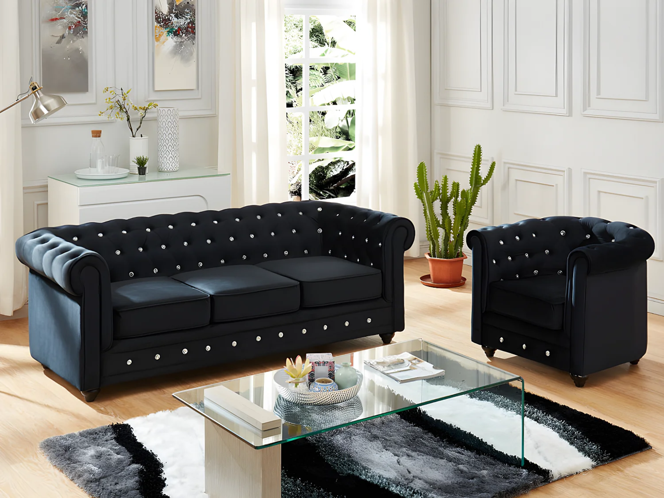 Vente-unique - Couchgarnitur 3+1 - Samt - Schwarz mit Knöpfen in Kristalloptik - CHESTERFIELD Bild 1