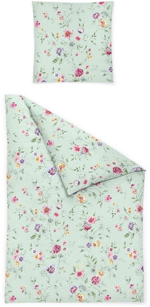 Bierbaum Seersucker Bettwäsche 155x220 Sommer Blütenranken Blätter lind 3524-30 Bild 1