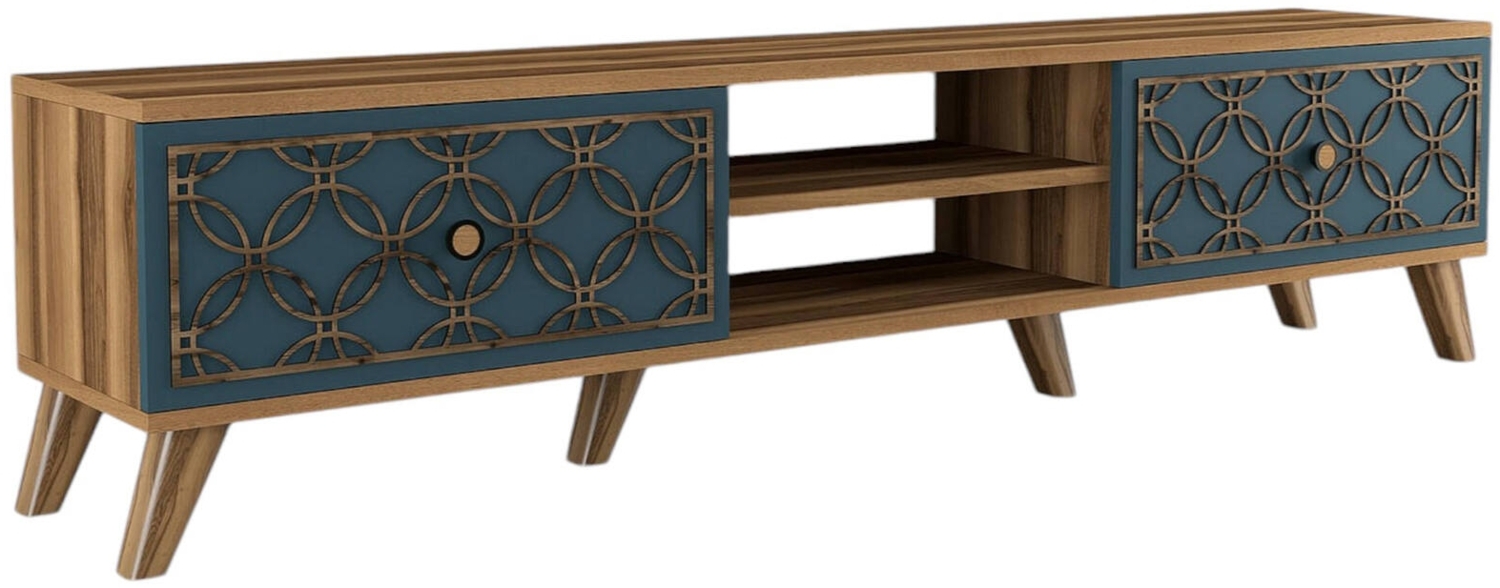 Dmora Fernsehschrank Albonese, Ständer für Wohnzimmerfernseher, Niedriges Wohnzimmer-Sideboard, TV-Ständerbasis, 180x35 h44 cm, Walnuss und Blau Bild 1