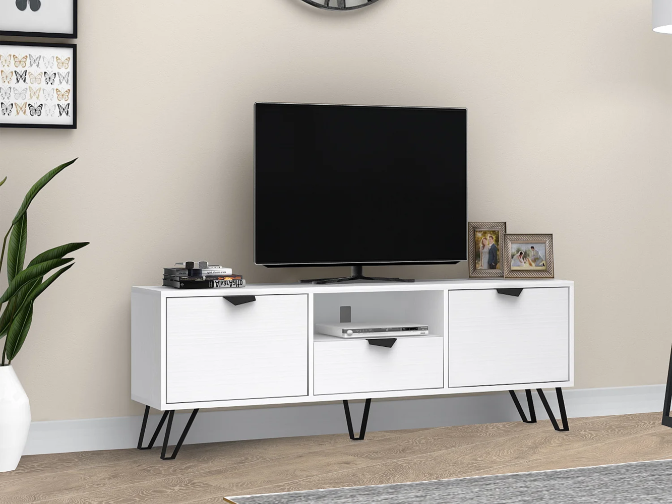 Vente-unique - TV-Möbel mit 2 Türen, 1 Schublade & 1 Ablagefach - Weiß & Schwarz - CARDELIA Bild 1