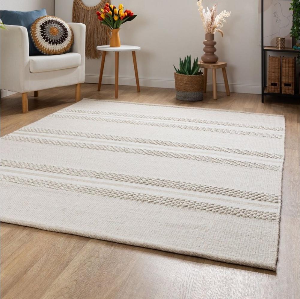 Handweb Teppich Habo - Breite Streifen, Farbe: Beige, Größe: 120x180 cm Bild 1