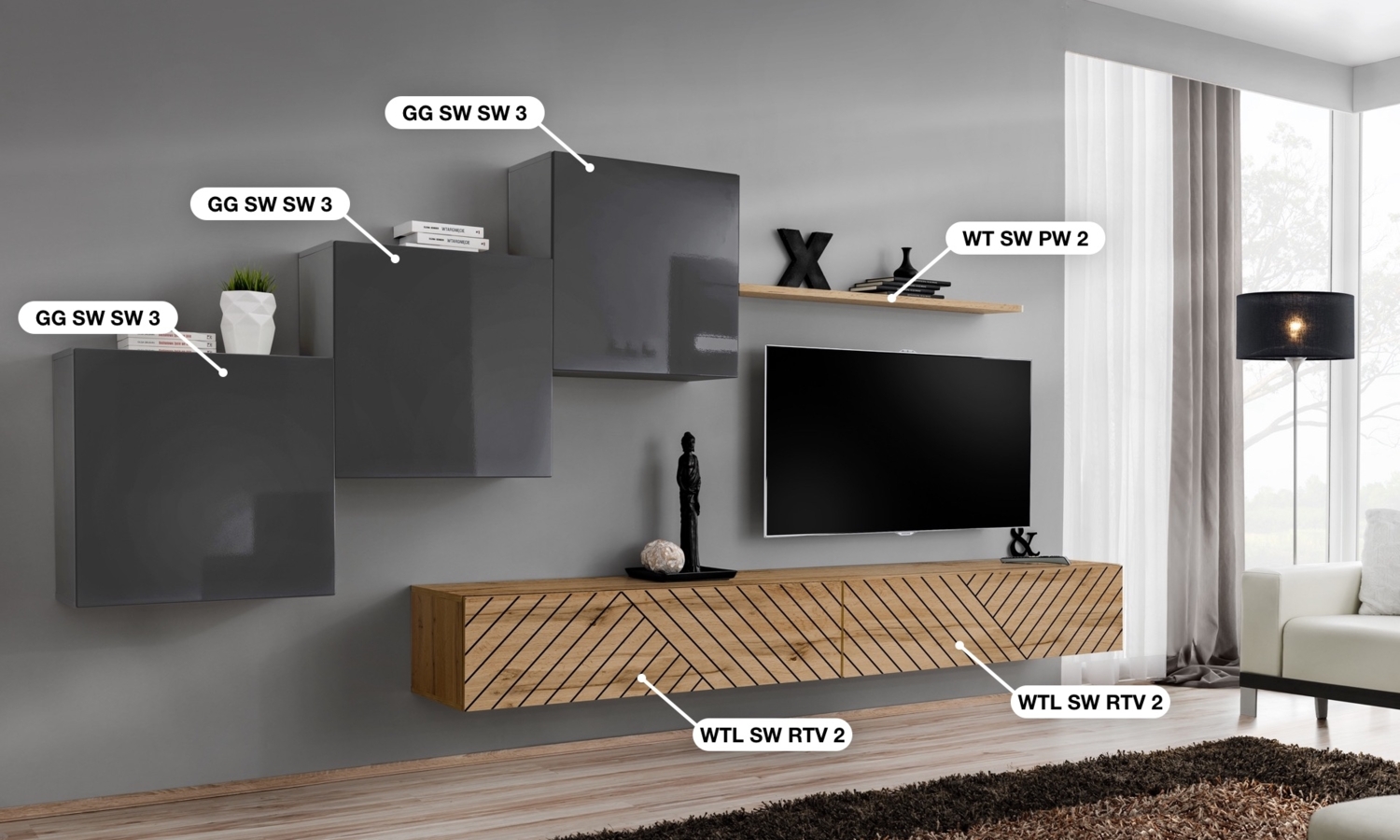 Wohnwand Switch Lamel, Korpus: Graphit, Wotan / Front: Graphit hochglanz PVC, Wotan PVC (gerillt) Bild 1