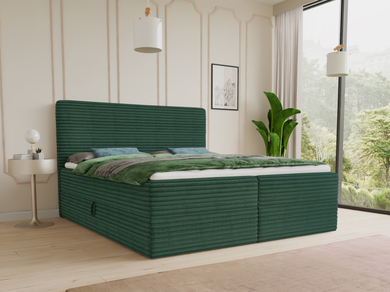 Boxspringbett Mollo mit 2 Bettkästen, Doppelbett mit Bonell-Matratze und Topper, Polsterbett in weichem Cordstoff, Bett, Bettgestell für Schlafzimmer (Grün (Tilia 39), 180 x 200 cm) Bild 1