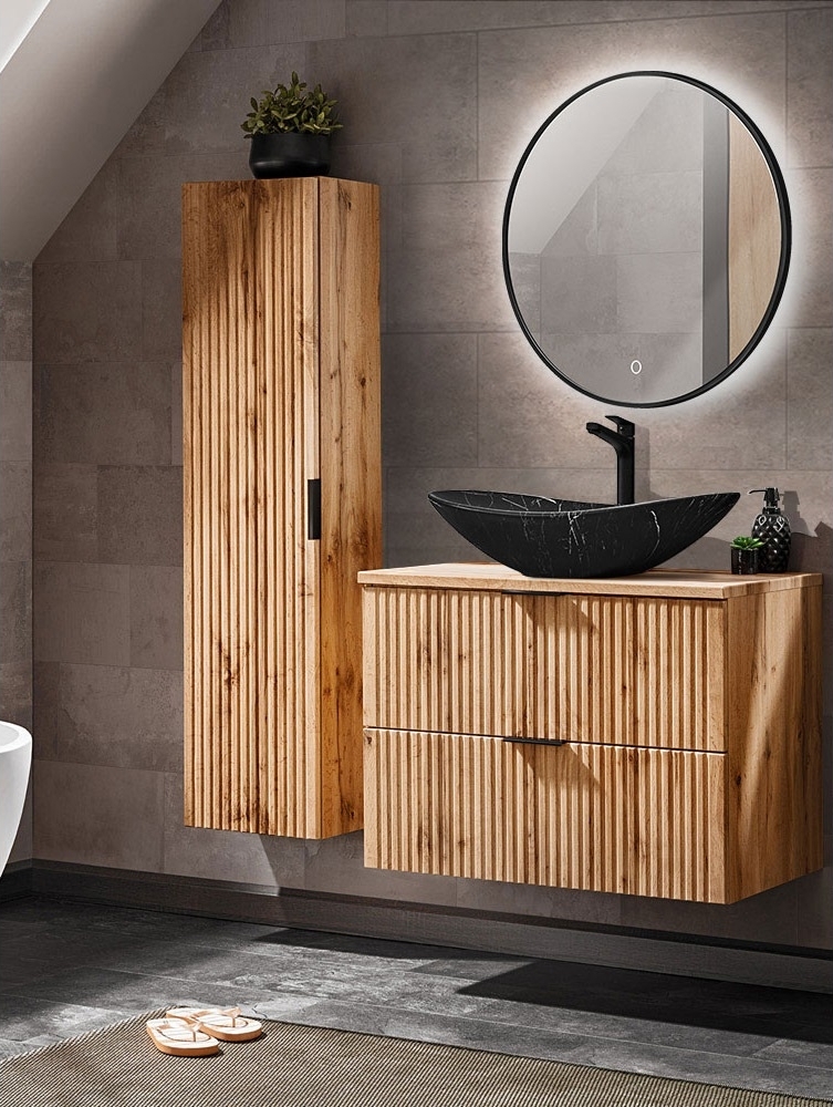 Badmöbel Set Wotaneiche mit Rillenoptik 80 cm Waschtisch-Unterschrank mit Keramik Waschbecken Hochschrank LED-Spiegel Bild 1