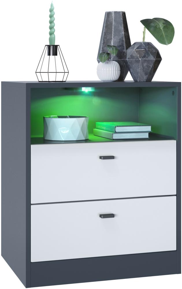 Vladon Kommode Pino V1, Nachttisch mit 2 Schubladen & 1 offenem Fach, Anthrazit matt/Weiß matt mit LED RGB (56 x 67,5 x 36 cm) Bild 1