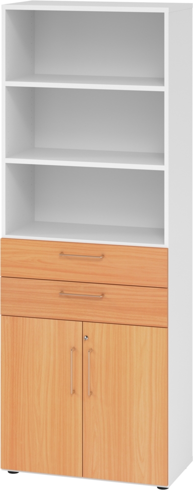 bümö Aktenregal & Schrank abschließbar, Büroschrank Regal & Schubladen Kombination Holz 80cm breit in Weiß/Ahorn - Schrank für's Büro & Arbeitszimmer, Büro Möbel Ordnerschrank, 968K2-W-6-BS Bild 1