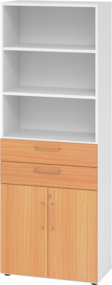bümö Aktenregal & Schrank abschließbar, Büroschrank Regal & Schubladen Kombination Holz 80cm breit in Weiß/Ahorn - Schrank für's Büro & Arbeitszimmer, Büro Möbel Ordnerschrank, 968K2-W-6-BS Bild 1