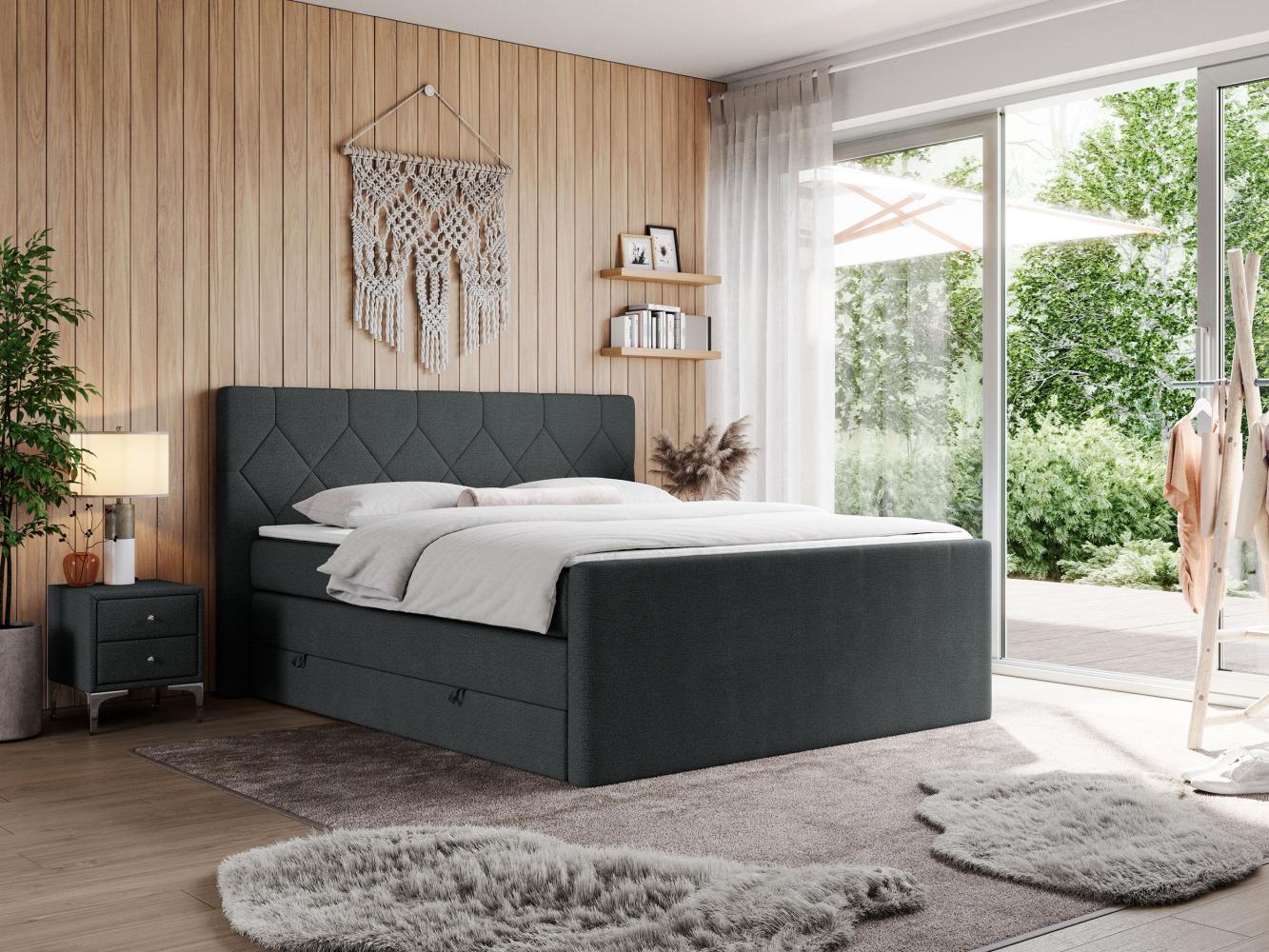 Boxspringbett KING EIGAR, mit einer Doppelmatratze, einem genähten Kopfteil - 120x200 - Dunkelgrau Stoff - H3 Bild 1