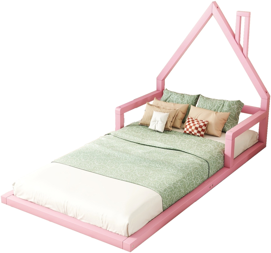 Merax Massivholzbett, Kinderbett Hausbett Einzelbett 90x200cm Kiefernholz, rosa Bild 1