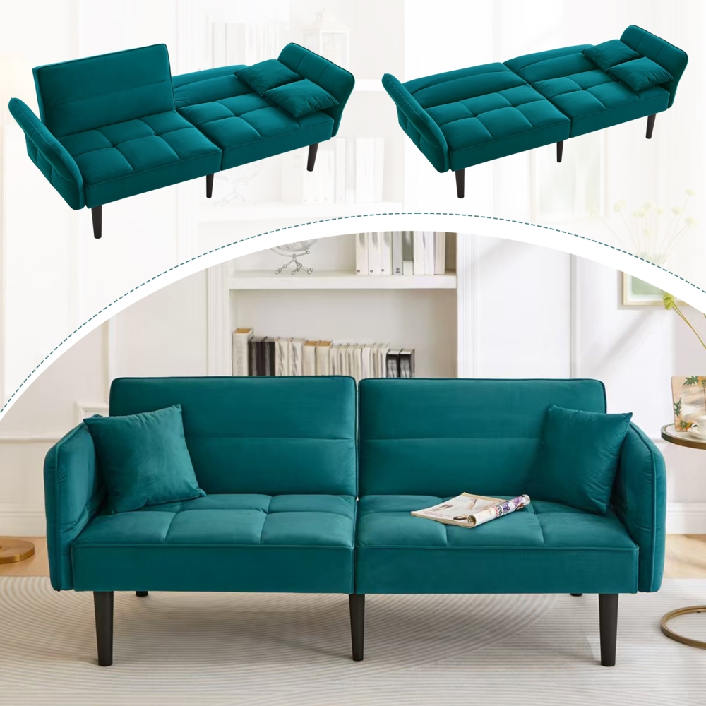 Merax 2-in-1 Verstellbares Schlafsofa – Zweisitzer mit Samtbezug, klappbaren Armlehnen & Schlaffunktion, ideal für kleine Räume, Antik Blaugrün Bild 1