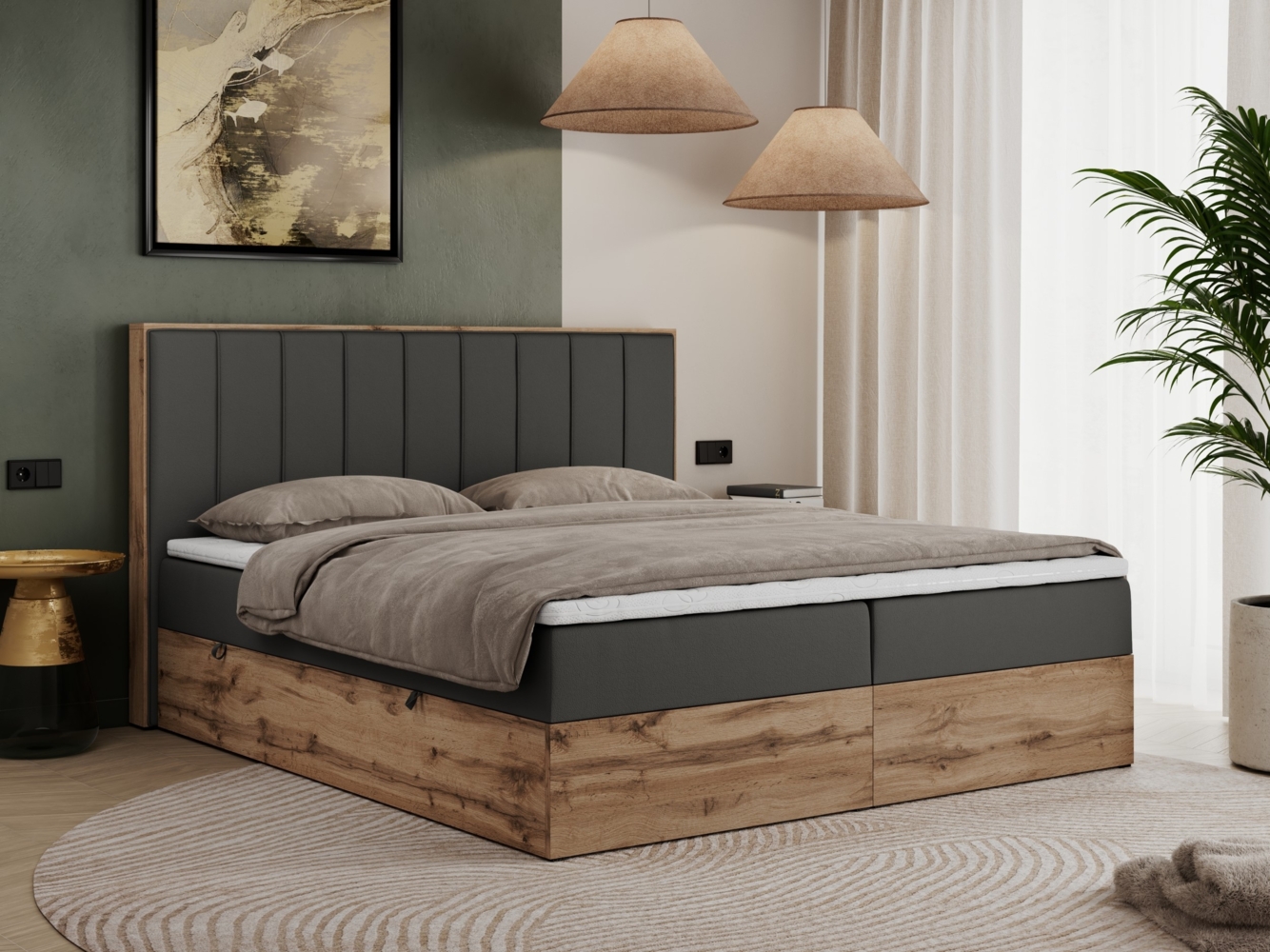 Boxspringbett, Schlafzimmerbett, Bettkasten - BELLISSIMO - 200 x 200 cm - Dunkelgrau Kunstleder - H4 Bild 1