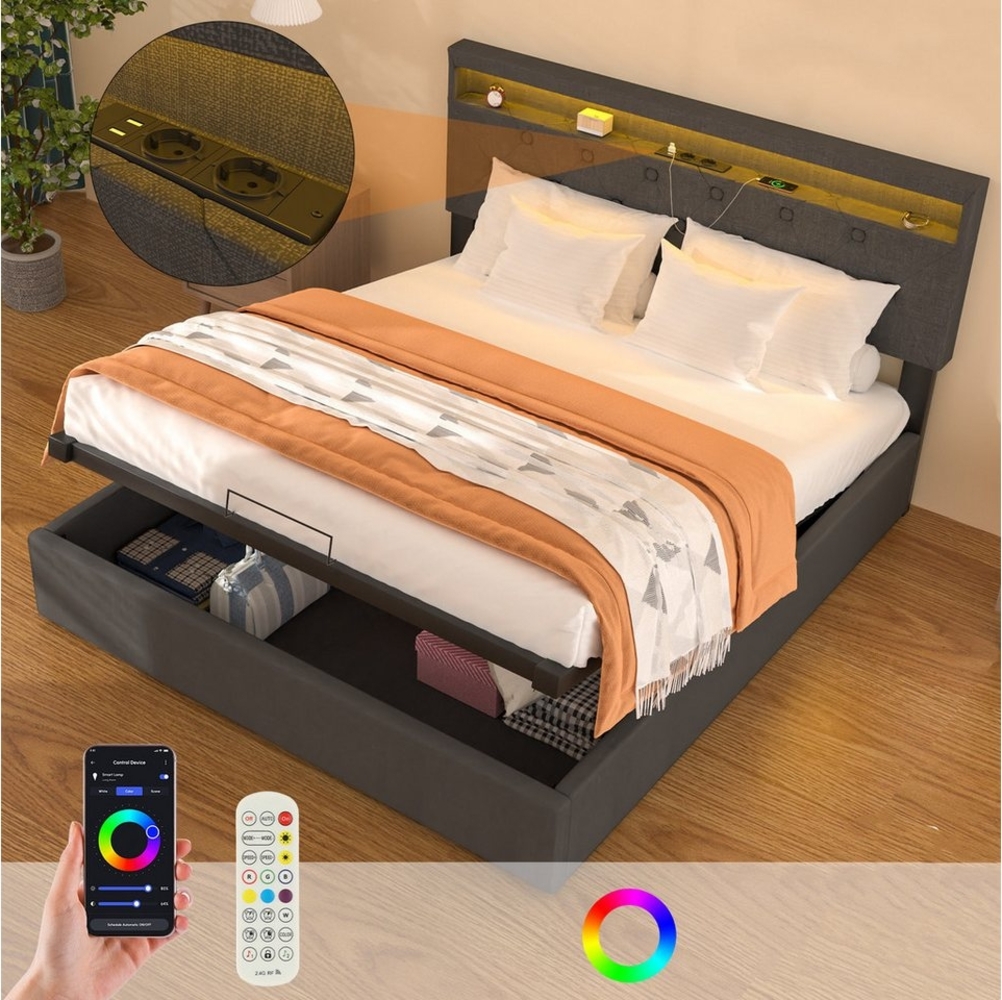 oyajia Stauraumbett LED hydraulisches Doppelbett (Leinenmaterial Polsterbett mit mit Lattenrost und Ladefunktion), Typ-C, USB-A, 2 Steckdosen,mit RGB Beleuchtung Bild 1