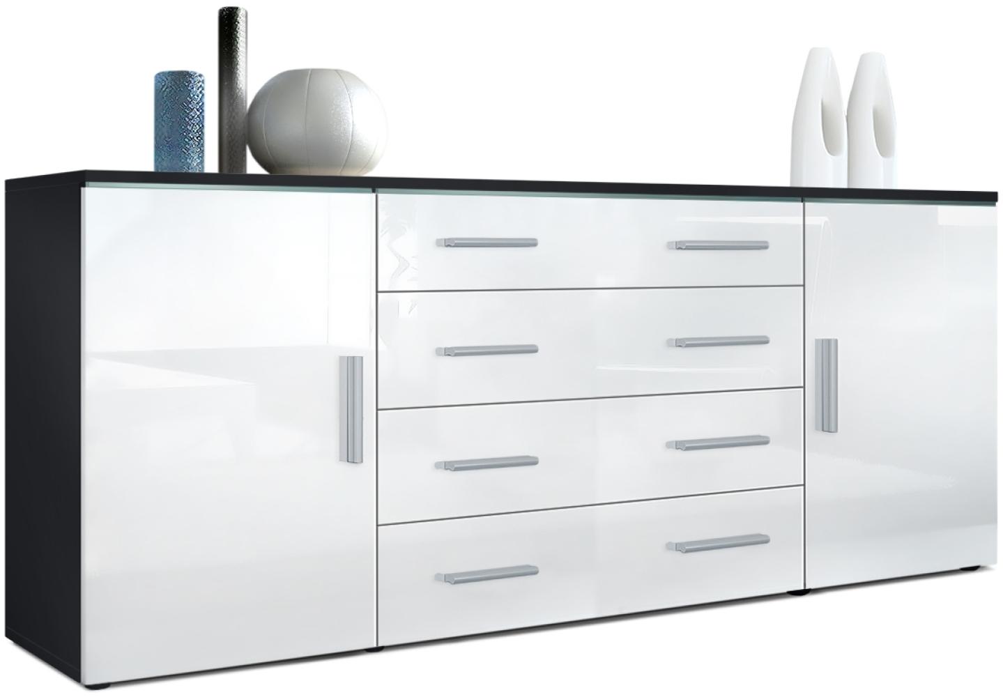 Vladon Sideboard Faro V2, Kommode mit 2 Türen und 4 Schubladen, Schwarz matt/Weiß Hochglanz (166 x 72 x 35 cm) Bild 1