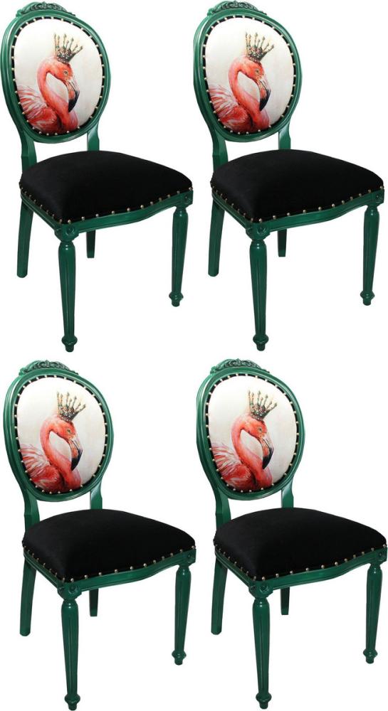 Casa Padrino Luxus Barock Esszimmer Set Flamingo mit Krone Grün / Schwarz / Mehrfarbig 48 x 50 x H. 98 cm - 4 handgefertigte Esszimmerstühle mit Bling Bling Glitzersteinen - Barock Esszimmermöbel Bild 1