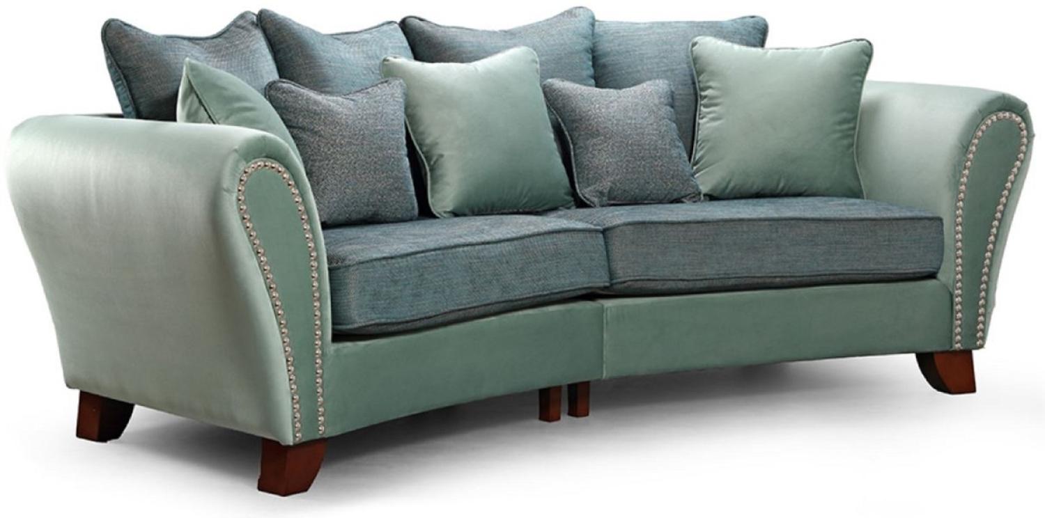 Casa Padrino Luxus 3er Sofa Grün / Blau / Dunkelbraun 290 x 120 x H. 100 cm - Gebogenes Wohnzimmer Sofa - Luxus Wohnzimmer Möbel Bild 1