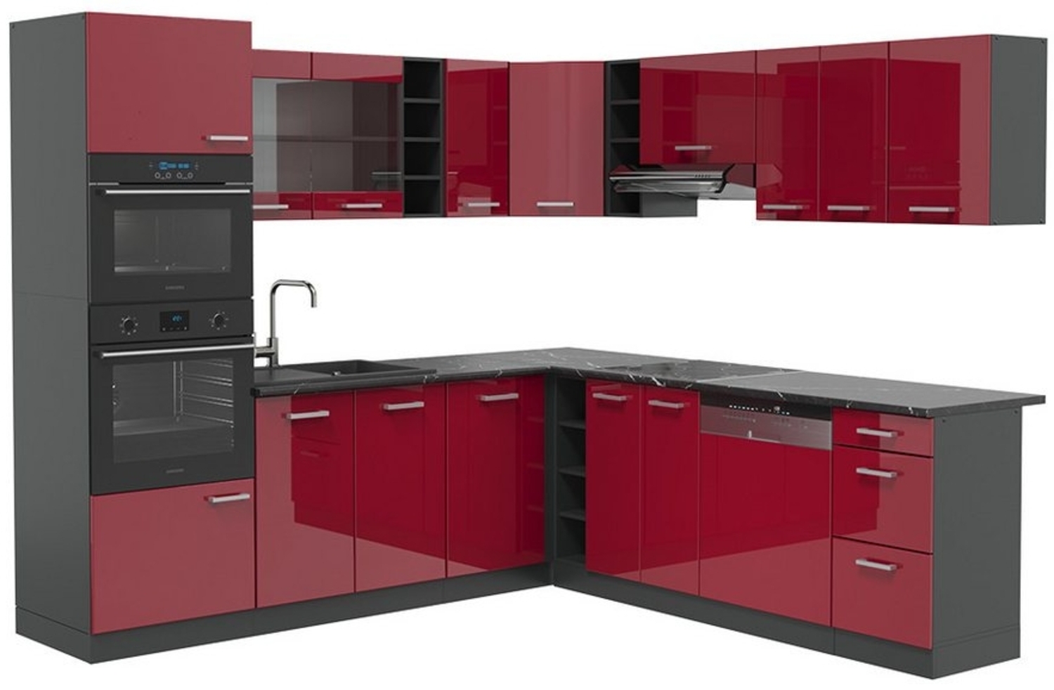 Vicco Winkelküche R-Line, Bordeaux Hochglanz/Anthrazit, 237 x 247 cm, AP Anthrazit Bild 1