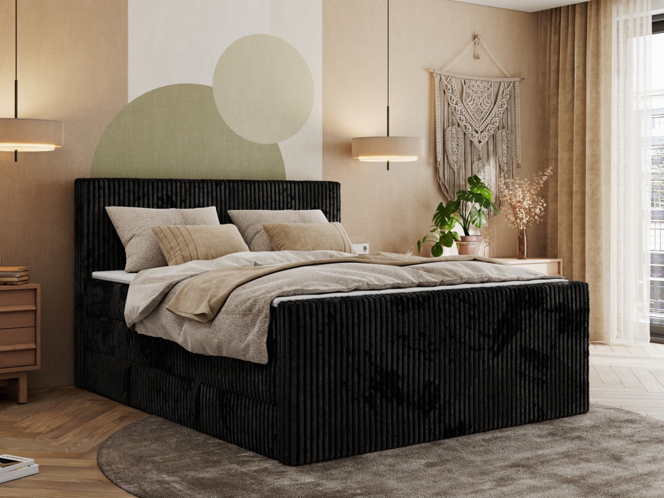 Boxspringbett mit zwei Multipocket-Matratzen und Topper, Doppelbett aus Cordstoff, zwei Bettkästen - TILIANO KING DUO - 180 x 200 cm - Schwarz Cord - H3 Bild 1