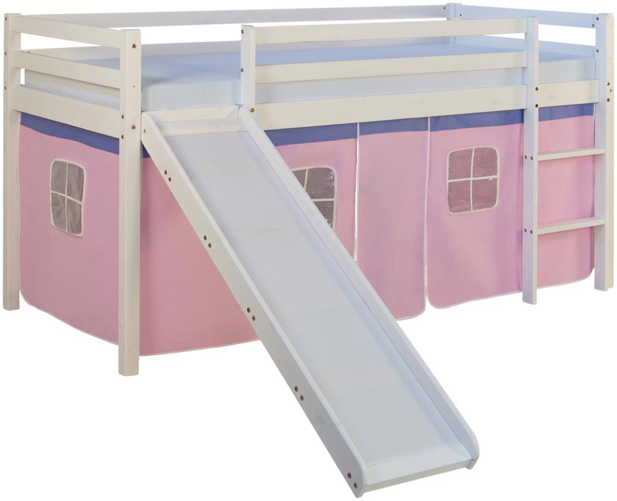 Hochbett mit Matratze 90x200 cm Rutsche Stockbett Kinderbett Leiter Holz Kiefer Vorhang rosa Lattenrost Spielbett Bild 1