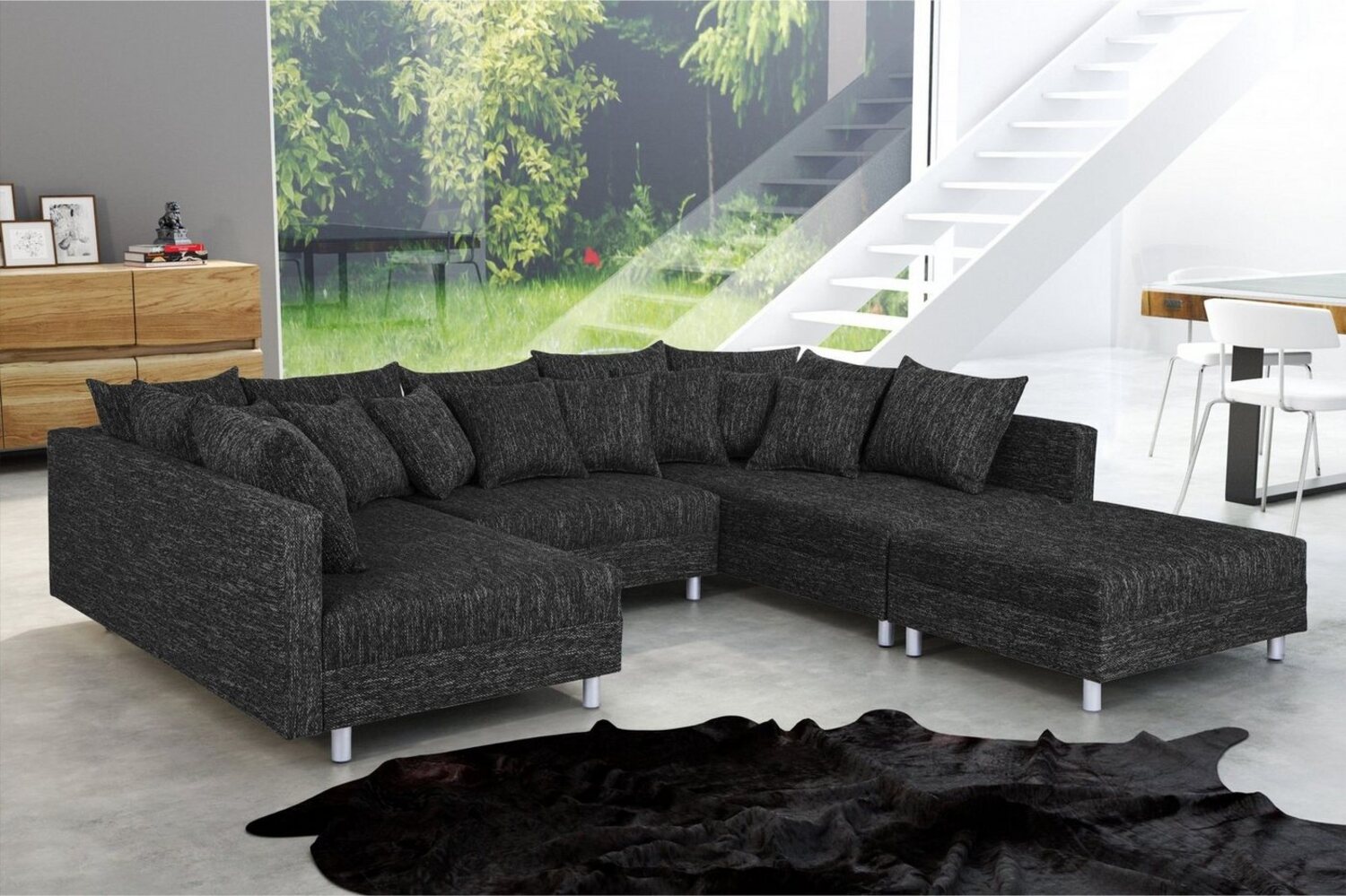 Küchen-Preisbombe Sofa Wohnlandschaft Couch Ecksofa Eckcouch in Gewebestoff schwarz Minsk XXL, Sofa in U-Form mit Hocker Bild 1