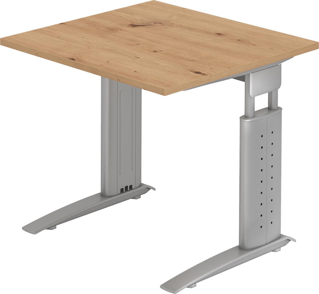 bümö® Schreibtisch U-Serie höhenverstellbar, Tischplatte 80 x 80 cm in Asteiche, Gestell in silbergrau Bild 1