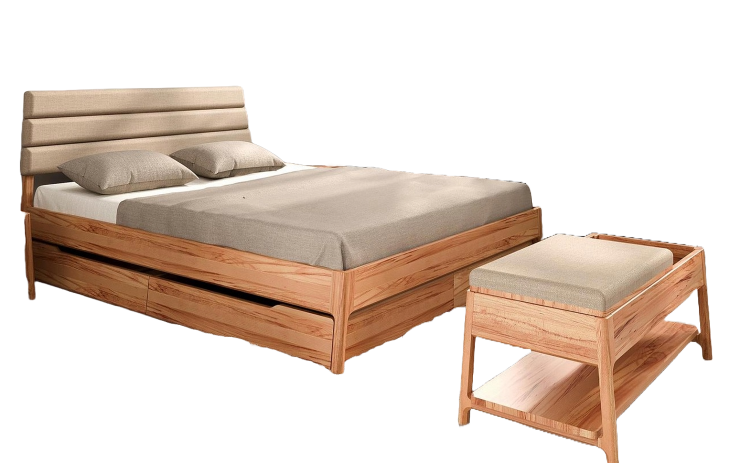 Bett Swig 2 Kernbuche massiv 160x200 mit Polsterkopfteil Beige und Holzbeinen Bild 1