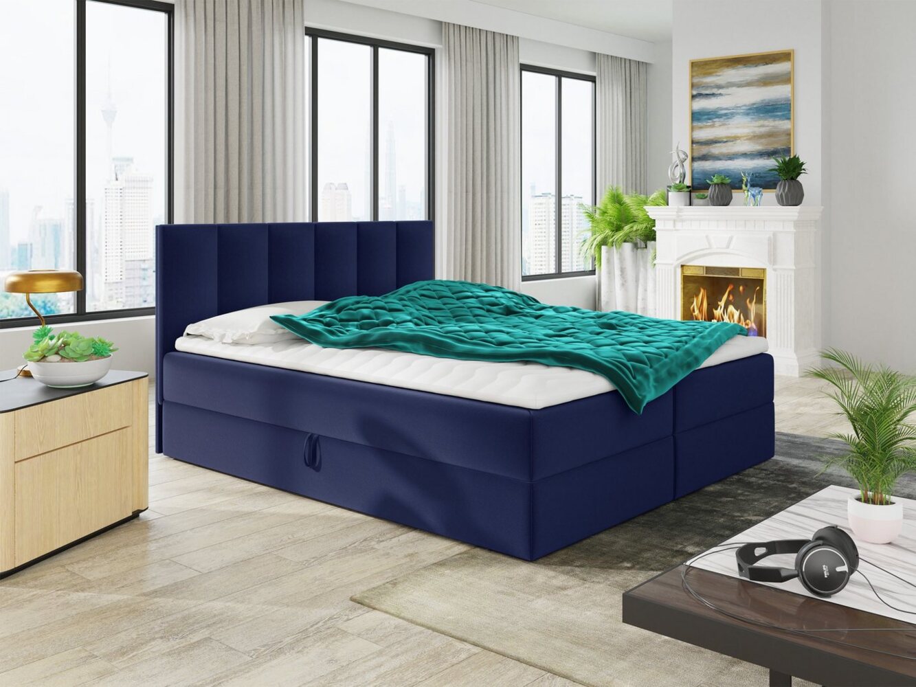 Boxspringbett Star mit Topper, Bonell-Matratze und 2 Bettkästen, Doppelbett, Polsterbett, Bett (Dunkelblau (Kronos 09), 160x200 cm) Bild 1