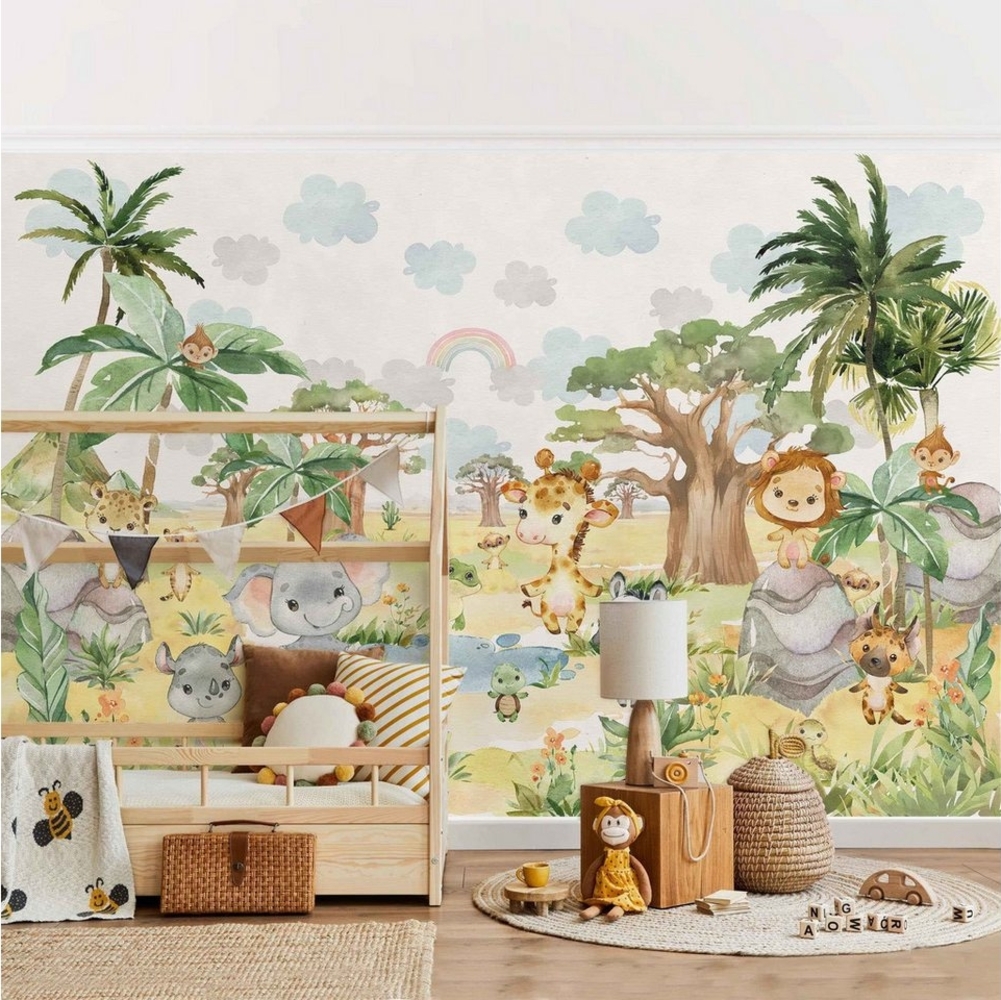 Bilderdepot24 Kindertapete Wilde Savanne Aquarell Illustration Kinder Natur Landschaft Tiere grün, Glatt, Matt, (Vliestapete inkl. Kleister oder selbstklebend), Mädchenzimmer Jungenzimmer Babyzimmer Bildtapete Fototapete Wandtapete Bild 1