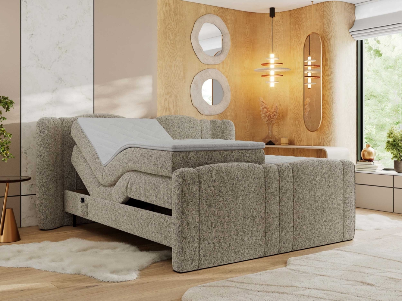 Elektrisch Boxspringbett Multipocket-Matratzen, elektrisch verstellbar, Polsterbett mit Bettkästen - FORTINA - 140 x 200 cm - Dunkelbeige Struktur - H3 Bild 1