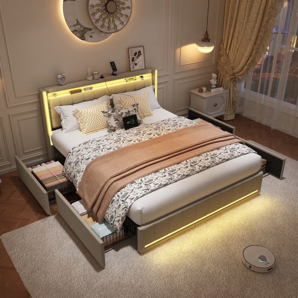 PXloue Polsterbett LED Doppelbett 140x200cm mit Ladefunktion und 4 Schubladen Polsterbett (Geeignet für Jugendliche und Erwachsene), Stauraumbett, mit RGB-LED, Lattenrost und praktischen Schubladen Bild 1