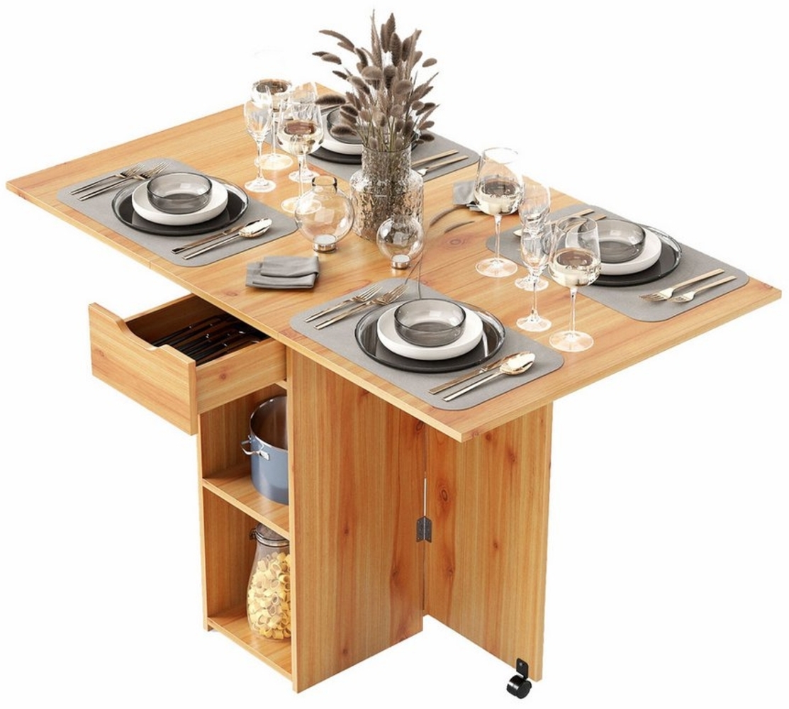 KOMFOTTEU Esstisch, Klapptisch Küchentisch mit Rollen, 1 Schublade & 2 Ablagen Bild 1