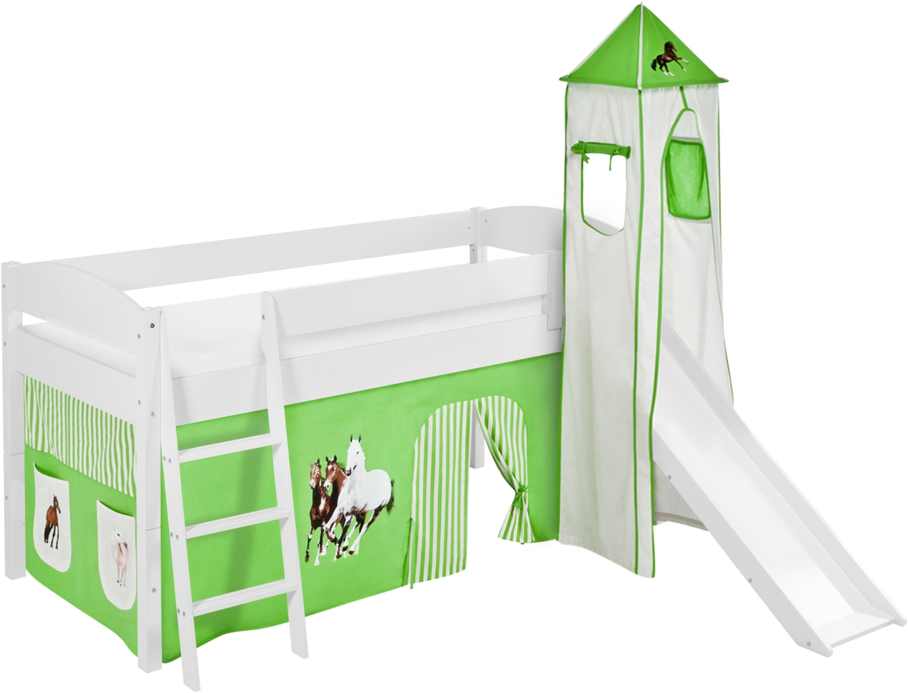 Lilokids 'Ida 4105' Spielbett 90x200 cm, Pferde Grün Beige, Kiefer massiv, mit Turm, Rutsche und Vorhang Bild 1
