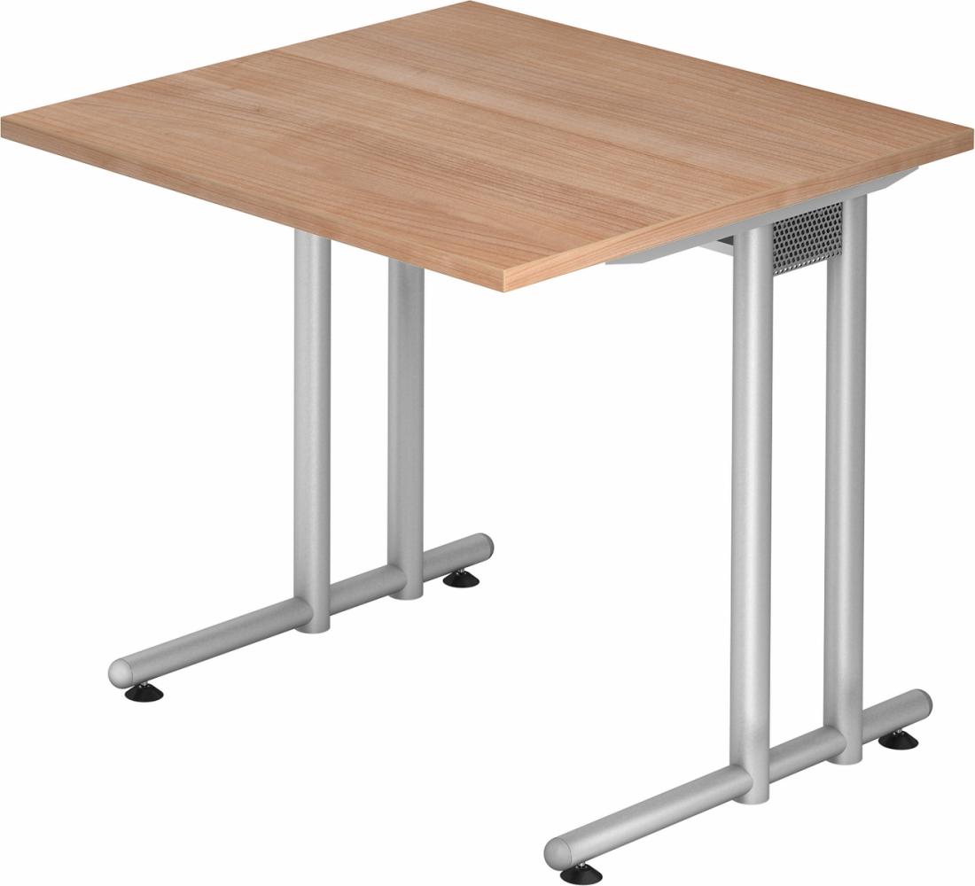 bümö Schreibtisch klein N-Serie 80x80 cm, Tischplatte aus Holz in Nussbaum, Gestell aus Metall in Silber - PC Tisch, kleiner Computertisch für's Büro, Office Bürotisch, NS-08-N-S Bild 1