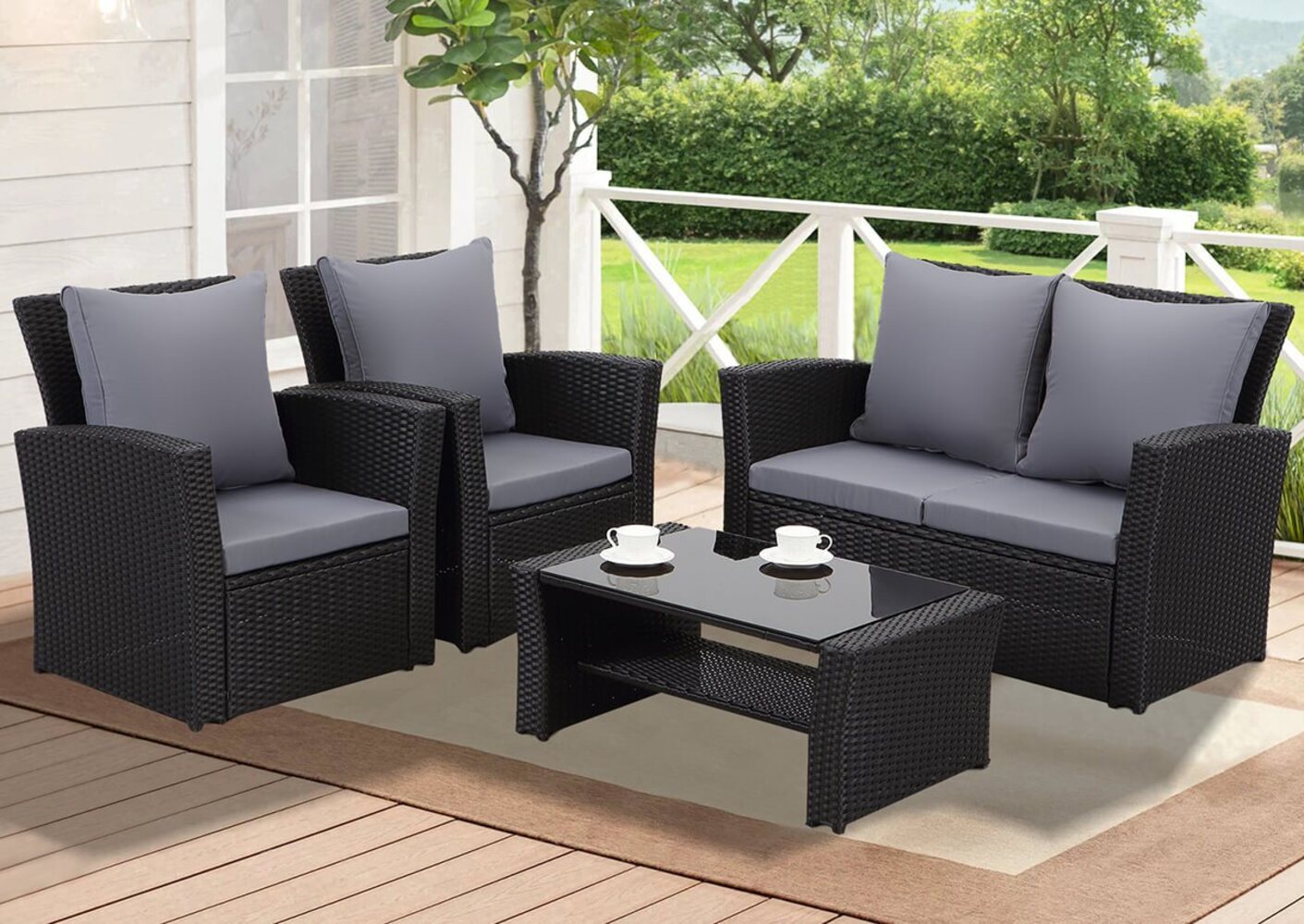 MeXo Gartenlounge-Set Balkonmöbel Set für 4 Personen, (Poly Rattan Gartenmöbel Set, 4-tlg, Lounge-Sets mit 2-Sitzer Sofa, 2 Sessel und Tisch mit Stauraum), wetterfeste Terrassenmöbel Set für kleiner Balkon Bild 1