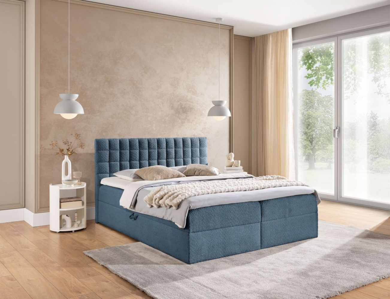 Boxspringbett Schlafzimmerbett TORIBO PREMIUM 160x200cm Stoff Coral Himmelblau Bild 1