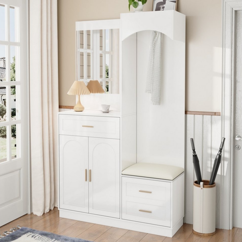 Merax Garderoben-Set mit Spiegel, Eingangsschrank mit verstellbaren Einlegeböden, (Moderne Garderobenschrank- & Schuhschrank-Kombination, 1-St, Eingangsschrank 110×185,5×33 cm), Kompaktgarderobe mit 1 Schublade, 3 Türen & Stauraum Bild 1