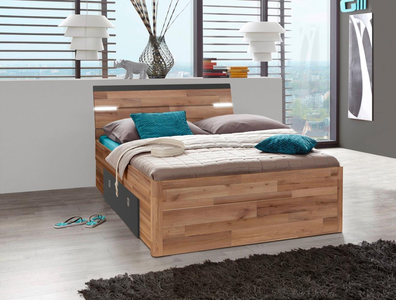 Bett MARS Montana Oak Akzente Graphit Schubkästen 140 cm Bild 1