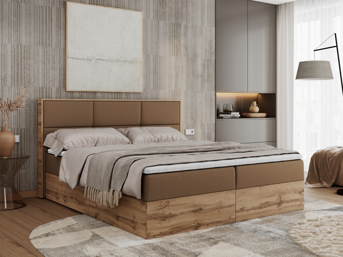 Boxspringbett mit Kopfteil und Topper, Polsterbett - ALBERO 2 - 180 x 200 cm - Braun Kunstleder - H3 Bild 1