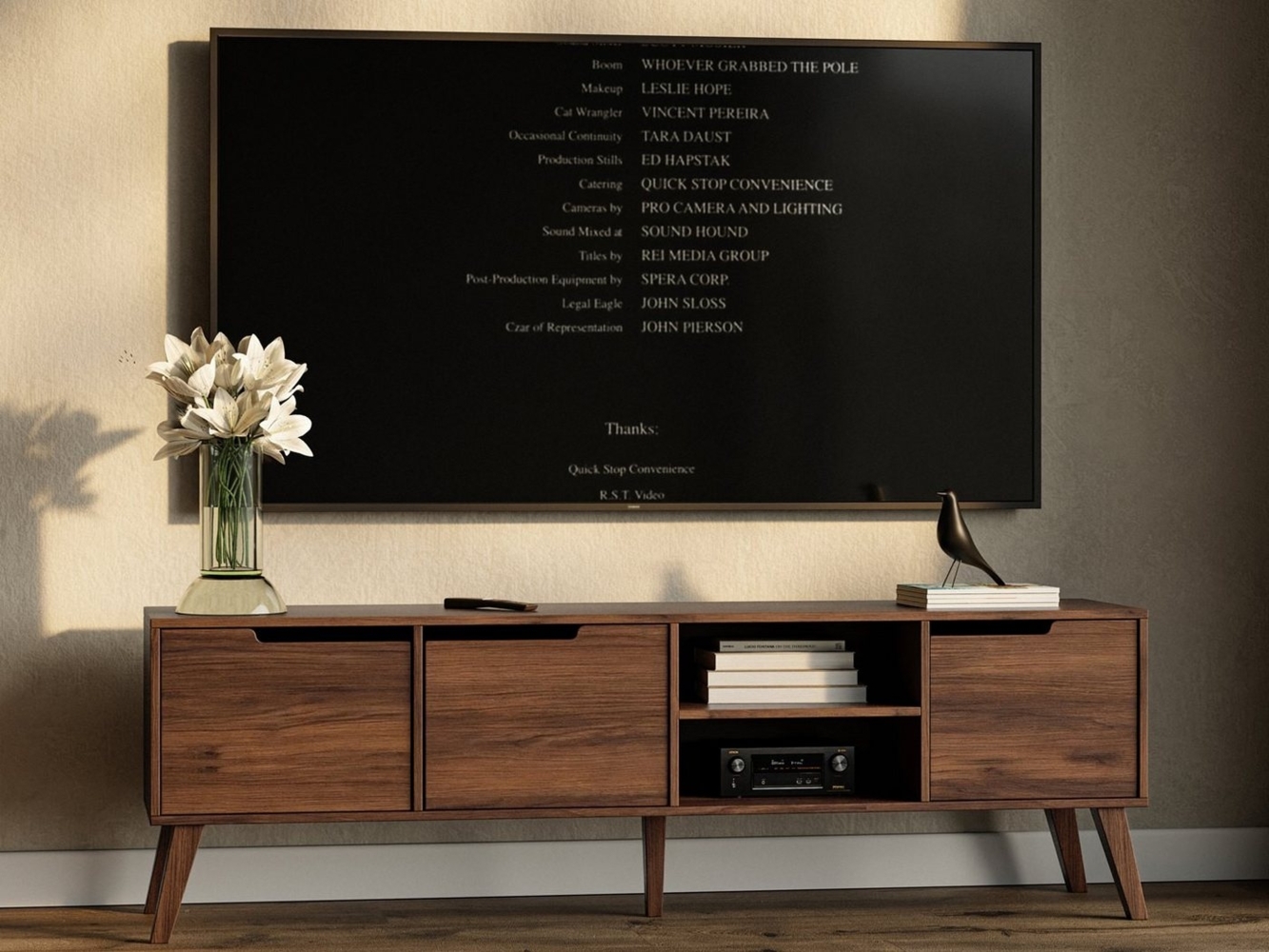 Beautysofa TV-Schrank NOREL modernes Design mit drei Schränken und offenen Fächern (erhältlich in Braun Walnuss & Cashmere) Breite: 180 cm Bild 1