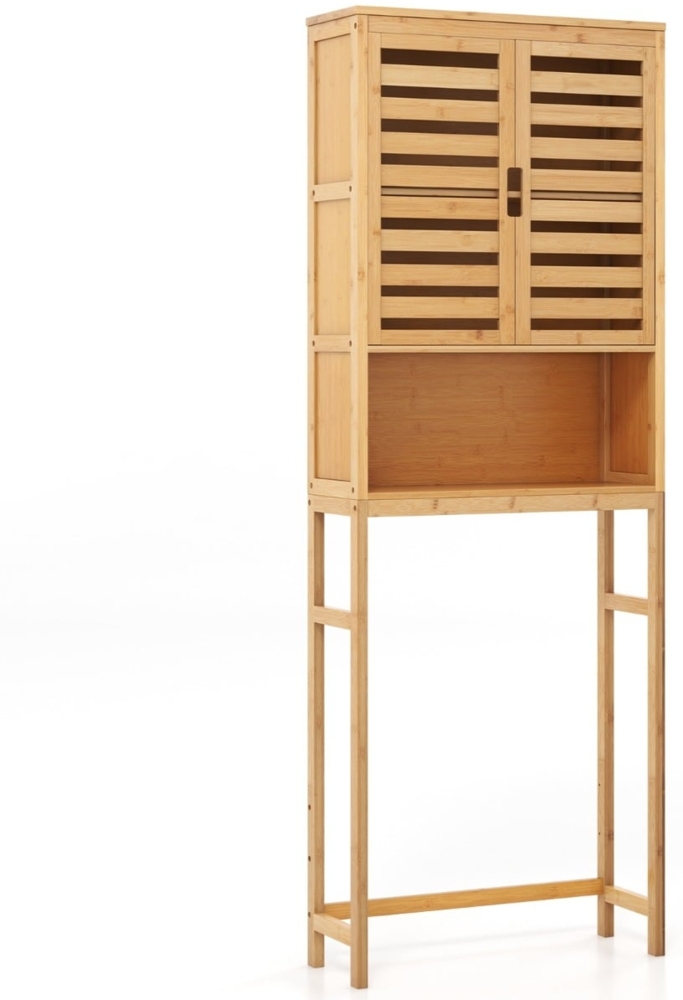 Bambus Toilettenschrank mit 2 Lamellentüren & Offenem Regal & Verstellbaren Querbalken Bild 1
