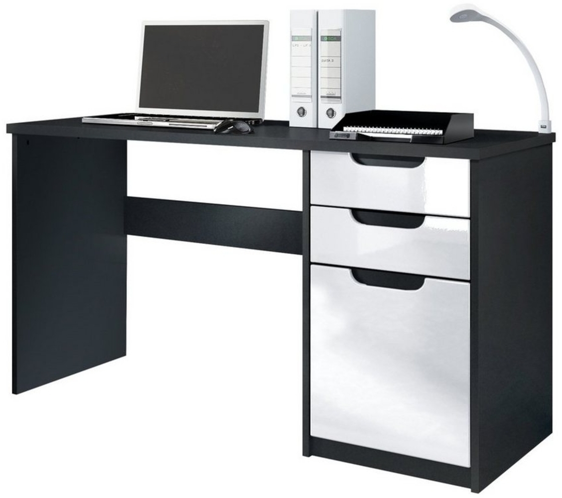 Vladon Schreibtisch Logan, Bürotisch mit 2 Schubladen und 1 Tür, Schwarz matt/Weiß Hochglanz (129 x 76 x 60 cm) Bild 1
