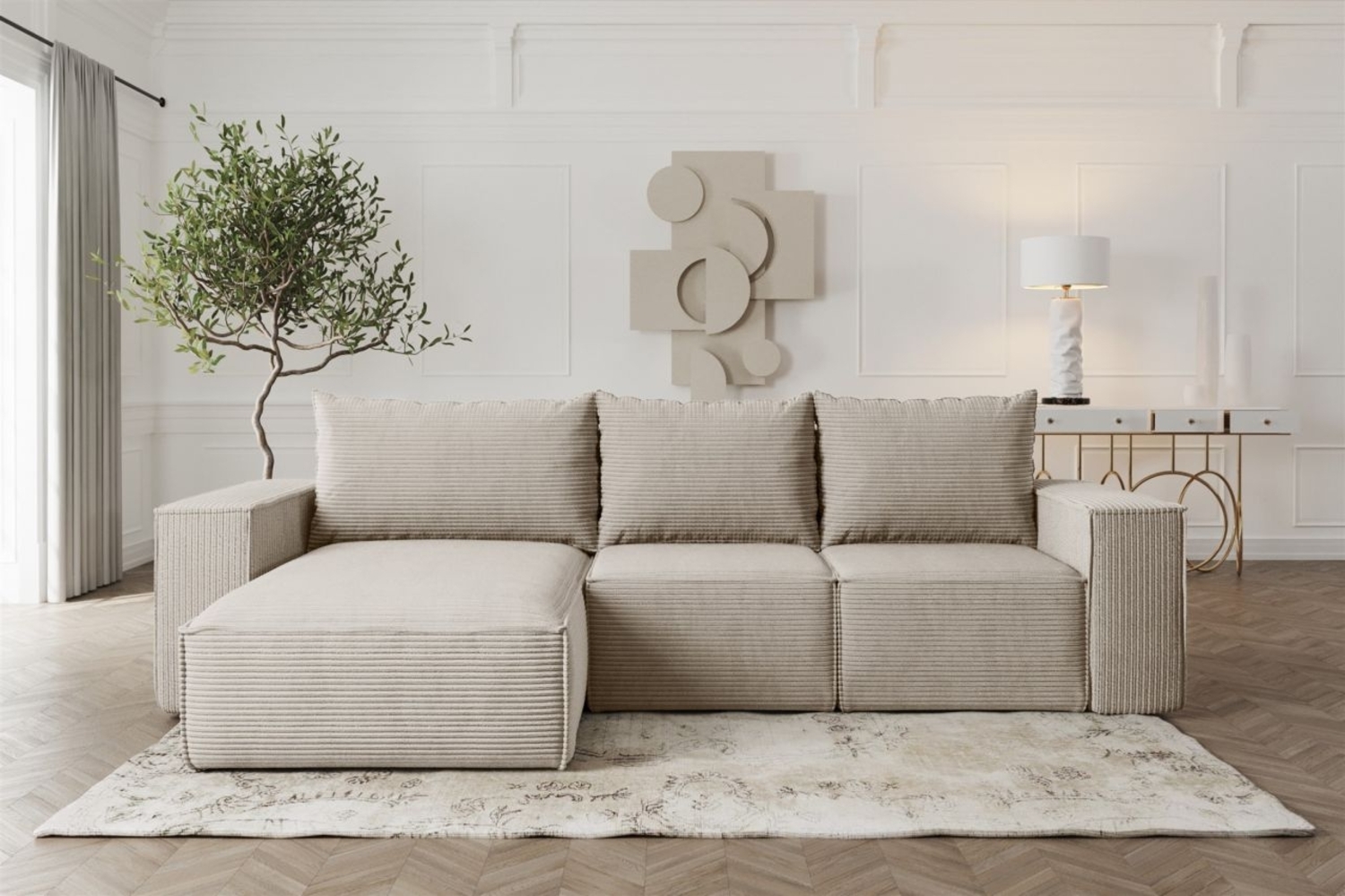 Ecksofa Sofa mit Schlaffunktion ESTELLE in Stoff Poso Beige Ottomane Links Bild 1