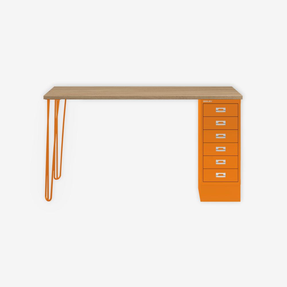 MultiDesk, 2 Stahlfüße, 1 MultiDrawer mit 6 Schüben, Dekor natürliche Eiche, Farbe Orange, Maße: H 740 x B 1400 x T 600 mm Bild 1