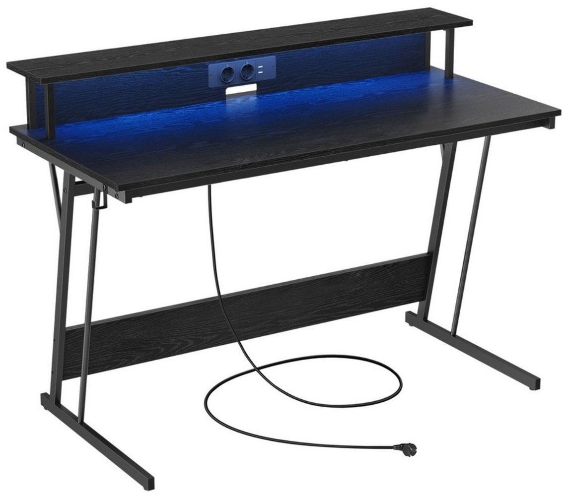 Vasagle Schreibtisch, Gaming Tisch mit eingebauter Steckdosenleiste, Computertisch, mit Monitorständer für 2 Monitore, Schlafzimmer, 55 x 135 x 76 cm, ebenholzschwarz LWD117B01 Bild 1