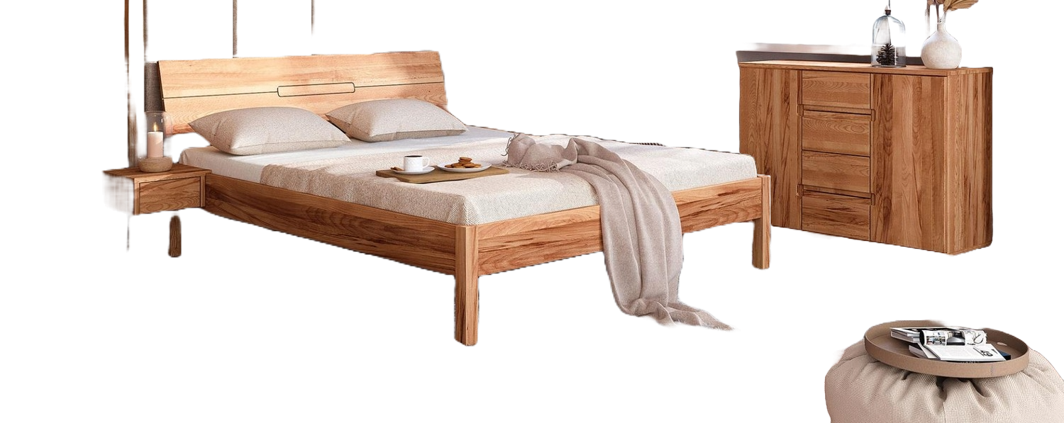 Bett Bento 4 aus Kernbuche massiv 160x200 cm mit Holzkopfteil und Holzbeinen Bild 1