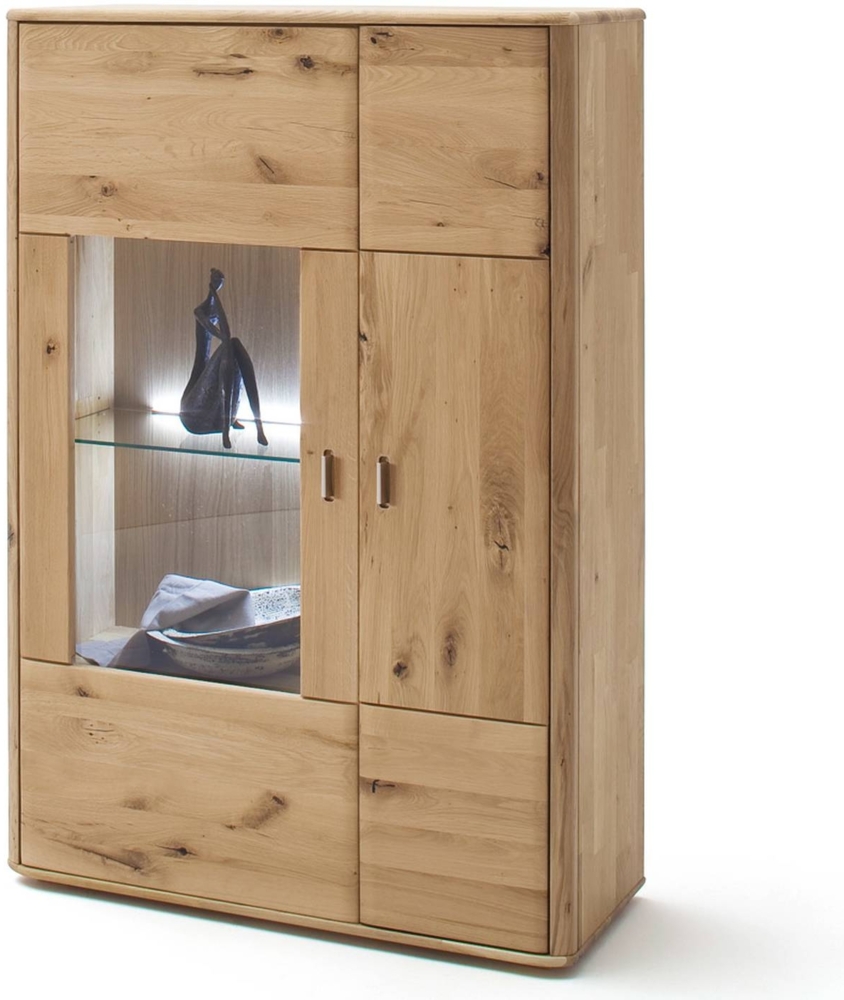 Esszimmer Highboard mit Glaseinsatz rechts ROSARIO-05 aus Balkeneiche Bianco massiv, mit LED - B/H/T: 96/140/38cm Bild 1